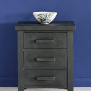 Side table painted with Chalk Paint® in Graphite, a soft charcoal grey black against a wall of Napoleonic Blue