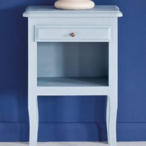 Side table painted with Chalk Paint® in Louis Blue, a clean pastel blue against a wall of Napoleonic Blue