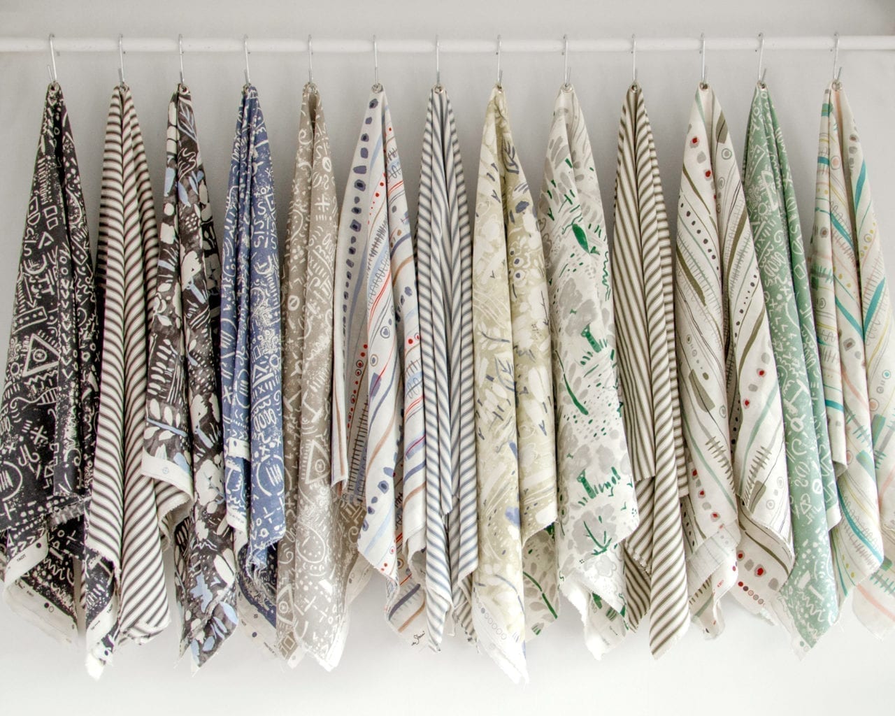 Ticking and Print fabrics by Annie Sloan hung up