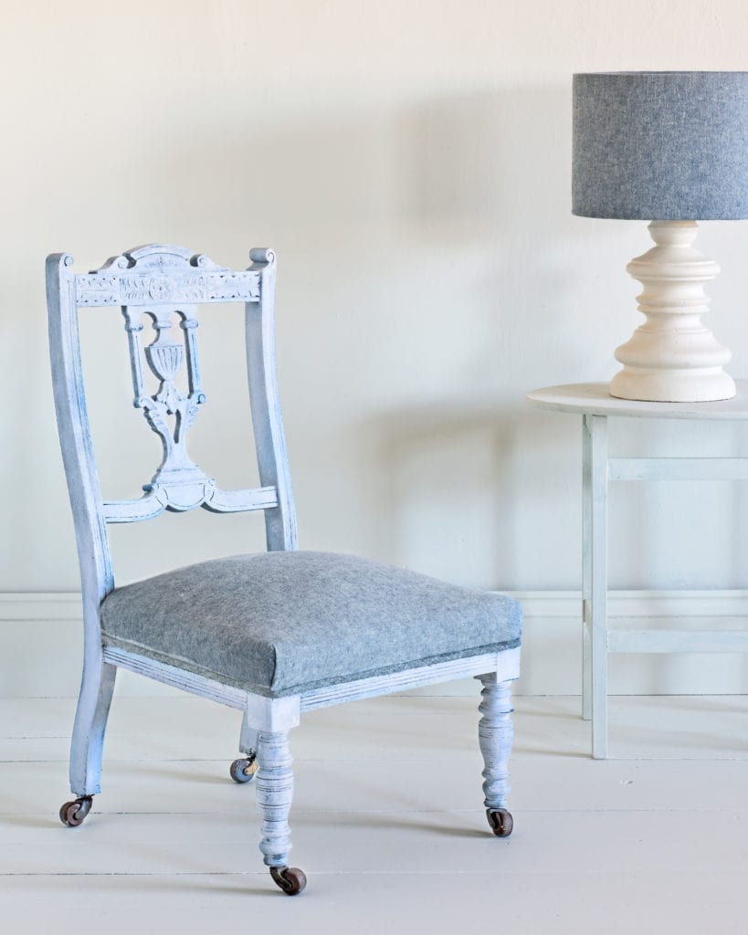 Linen Union fabric by Annie Sloan in Old Violet + Old White Neoclassical chair in Louis Blue and White Wax