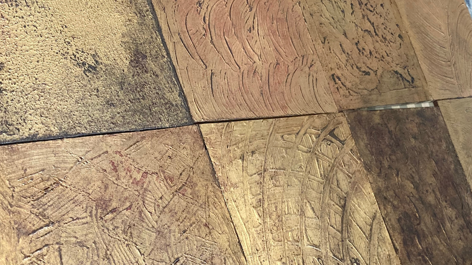 aged gilding technique on boards from participants in workshop at Source for the Goose