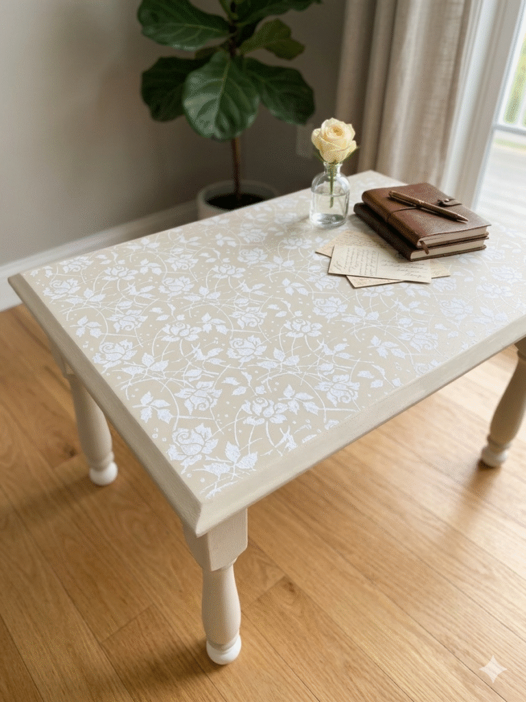 Rose Design Patterned Paint Roller on Country Grey Coffee Table