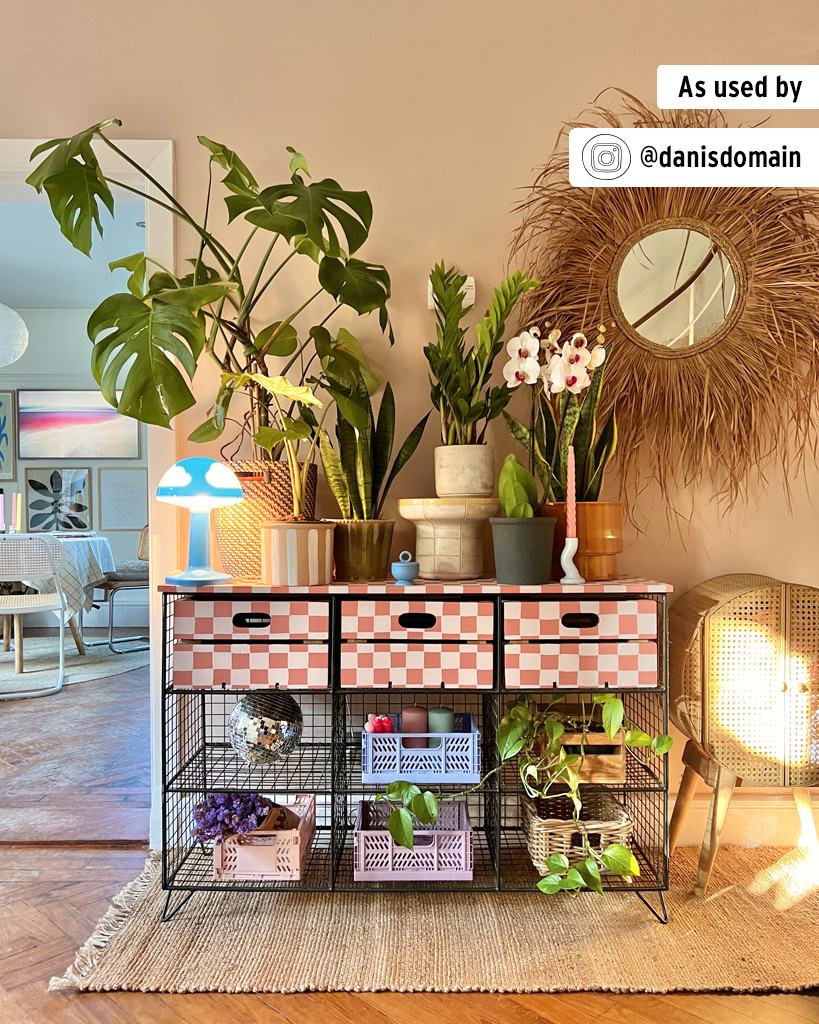 Scandinavian Pink and Antoinette Chalk Paint Checkerboard Storage Desk. Plant, Mirror, and Accessories Staging