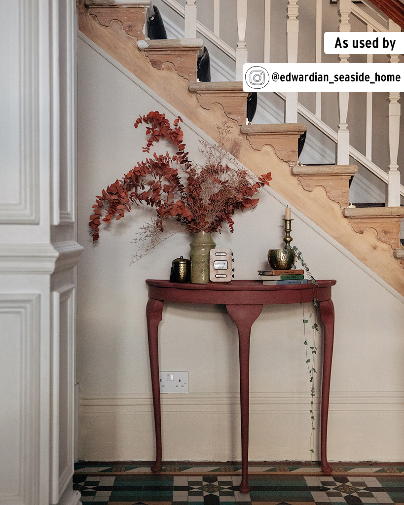 Rustic, Edwardian Style Staircase and Half Moon Table Painted in Annie Sloan Chalk Paint in Primer Red. Red Foliage and Candle Staging