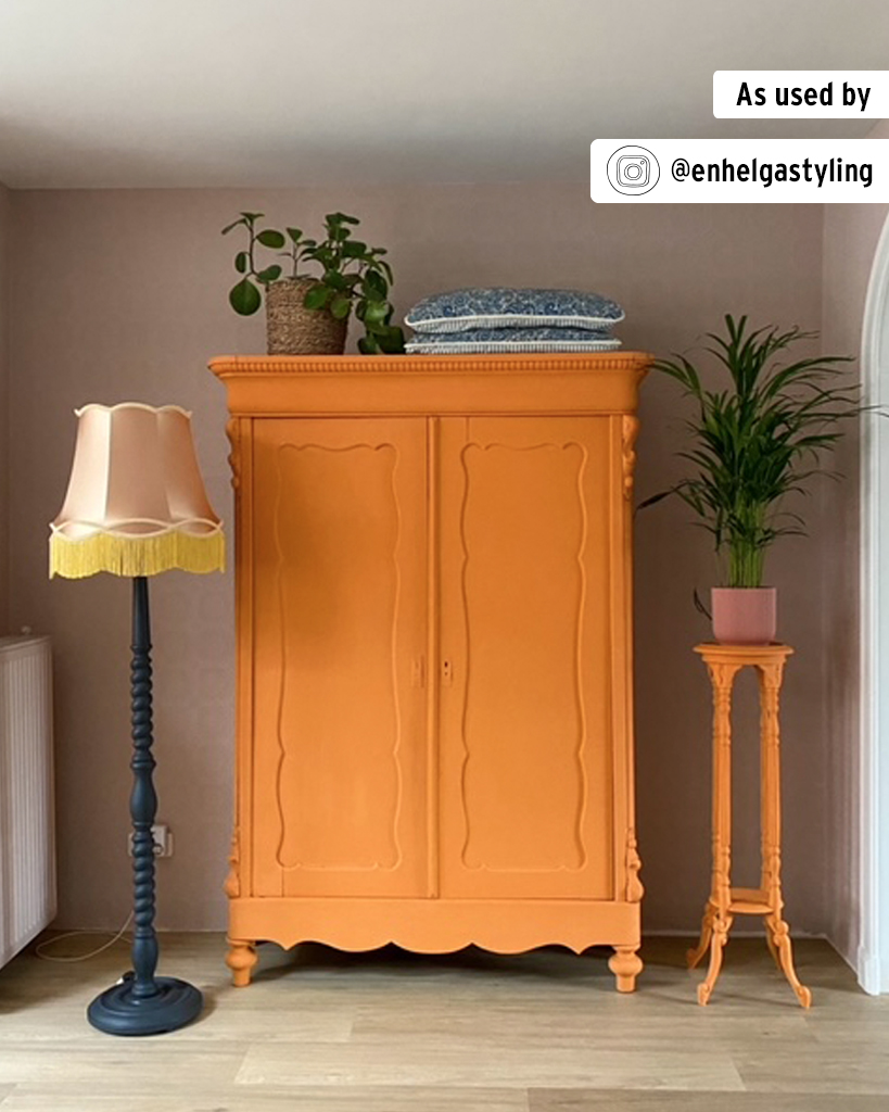 Annie Sloan Barcelona Orange Chalk Painted Wardrobe with Lamp and Plants Staging