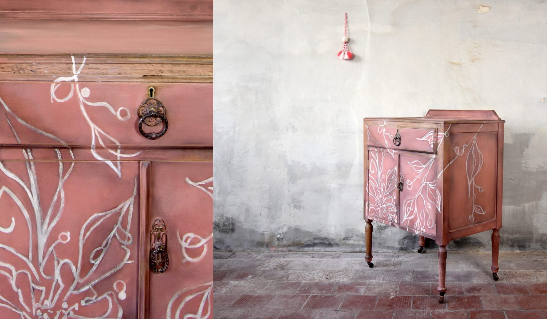 Schrank in der Chalk Paint™ Farbe Scandinavian Pink mit abstrakter Blumenbemalung von Paint in Residence Chloe Kempster