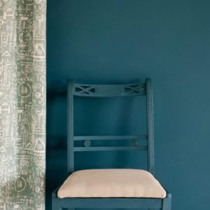 Aubusson Blue Wall Paint by Annie Sloan, chair painted in Chalk Paint® in Aubusson Blue, Tacit in Duck Egg Blue curtain and seat cushion in Linen Union in Antoinette + Old White