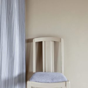 Country Grey Wall Paint by Annie Sloan, chair painted in Chalk Paint® in Country Grey, Ticking in Old Violet curtain and Linen Union in Old Violet + Old White seat cushion