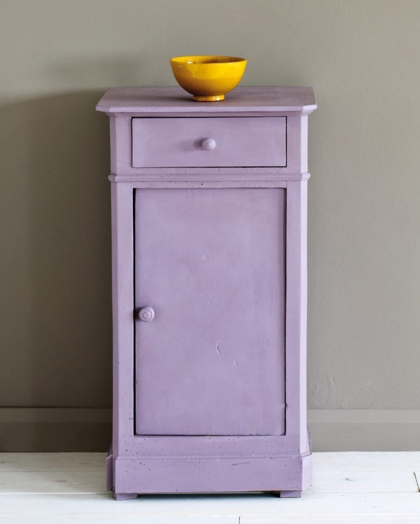 Side table painted with Chalk Paint® in Emile, a warm soft aubergine purple against a wall of French Linen