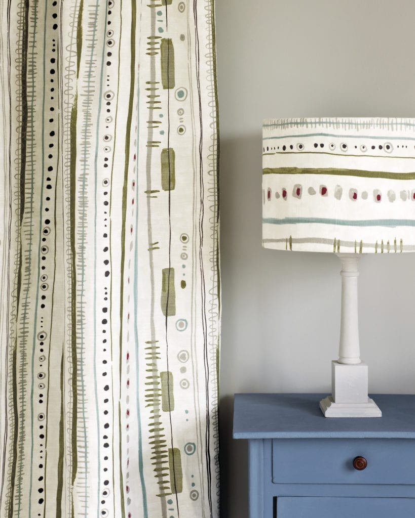 Chalk Paint® by Annie Sloan in Greek Blue side table, Piano in Olive curtain and lampshade