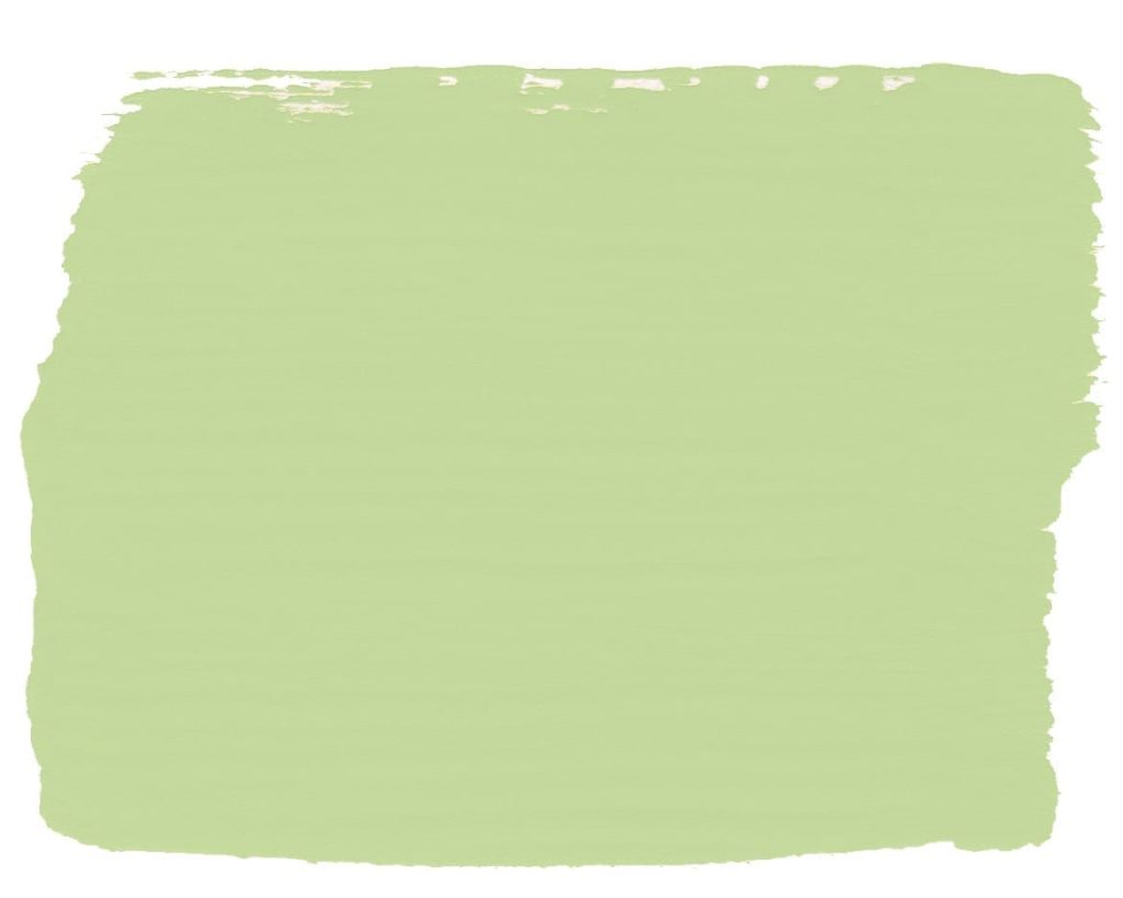 Farbmuster der Lem Lem Chalk Paint™ Möbelfarbe von Annie Sloan, ein weiches, warmes, leuchtendes Grün, während der Zusammenarbeit mit Oxfam entstand