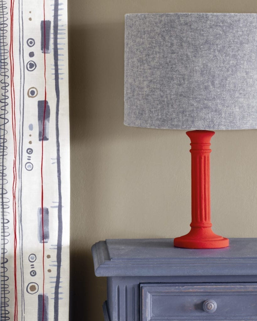 Linen Union fabric by Annie Sloan in Old Violet + Old White lampshade Piano in Old Violet curtain Chalk Paint in Old Violet side table and Emperors Silk lamp base