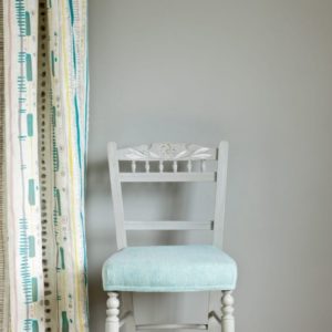 Paris Grey Wall Paint by Annie Sloan, chair painted with Chalk Paint® in Paris Grey, Piano in Provence curtain and seat cushion in Linen Union in Provence + Old White