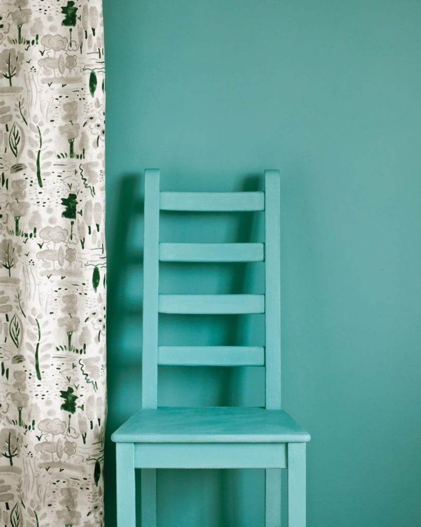 Provence Wall Paint by Annie Sloan, chair painted with Chalk Paint® in Provence and Dulcet in Old White curtain