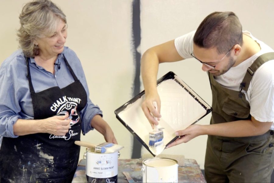 Annie Sloan and Felix Sloan using a brush vs roller technique for painting a wall with Wall Paint by Annie Sloan