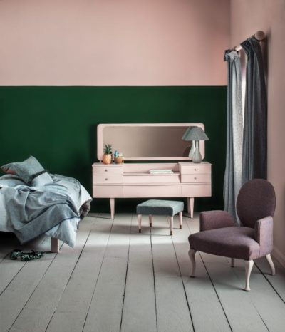 Amsterdam Green and Antoinette Colour Blocked bedroom by Annie Sloan with Chalk Paint® and Wall Paint and Linen Union fabrics