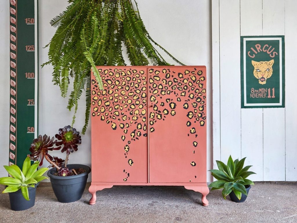 Batik Leopard Print Cupboard by Annie Sloan Painters in Residence shed eleven painted with Chalk Paint® in Scandinavian Pink