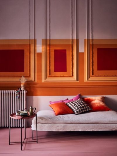 Annie Sloan Bold Bauhaus style living room painted with Chalk Paint in Antoinette, Scandinavian Pink and Barcelona Orange