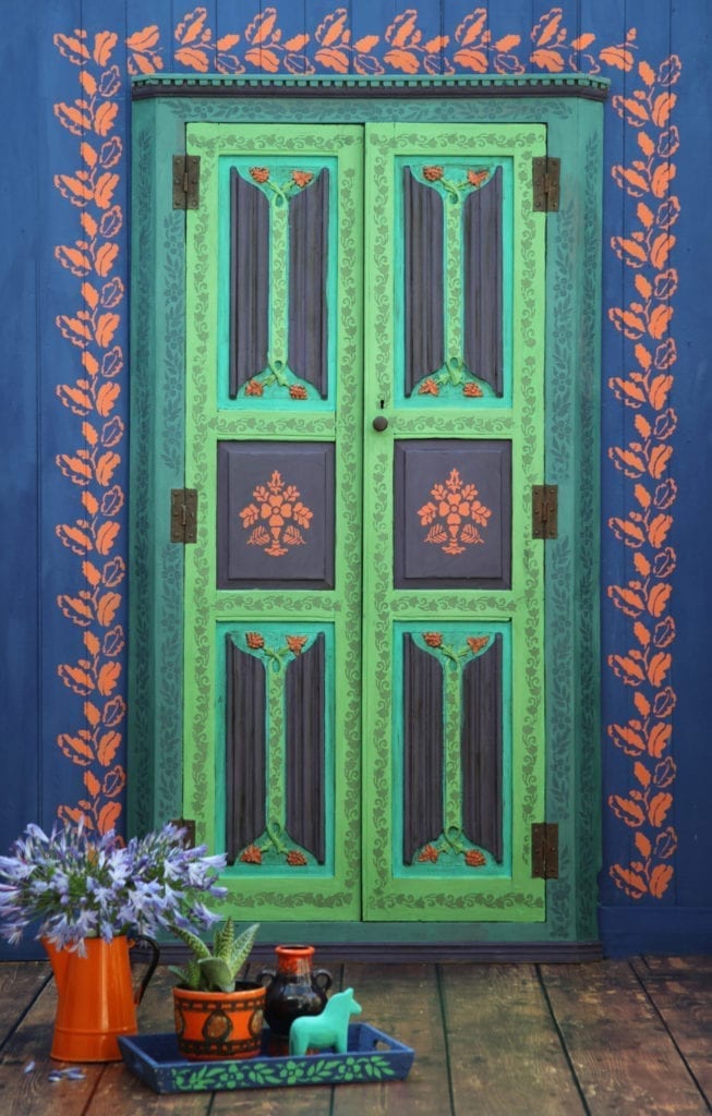 Boho Door by Annie Sloan Painter in Residence Janice Issitt painted and stencilled with Chalk Paint® in Florence, Antibes Green, Napoleonic Blue and Barcelona Orange