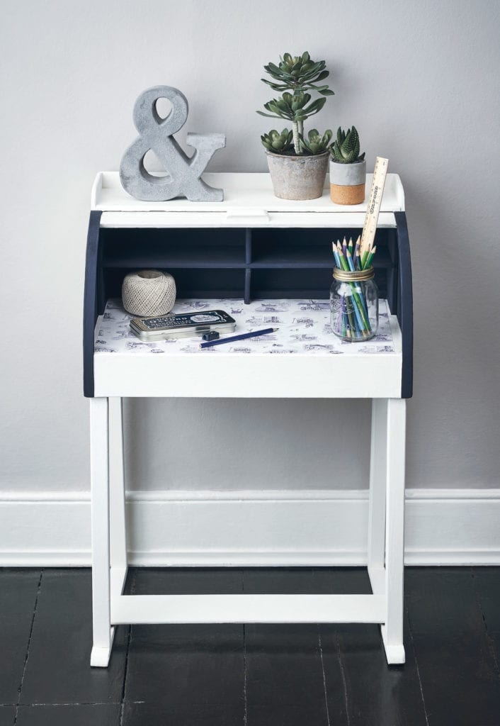 Bureau painted with Chalk Paint® in Pure and Oxford Navy and decoupaged with the Oxford Toile Paper from The Colourist Issue Four