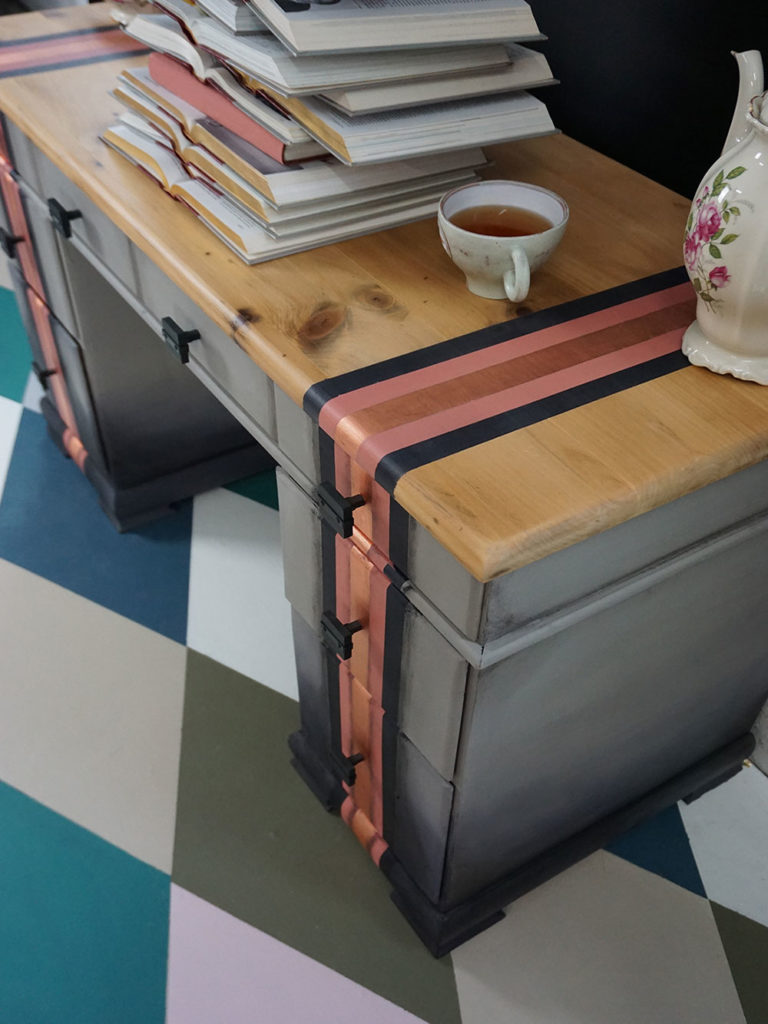 Scandinavian Pink Chalk Paint® striped desk with Clear Chalk Paint® Wax and Matt Chalk Paint® Lacquer finish