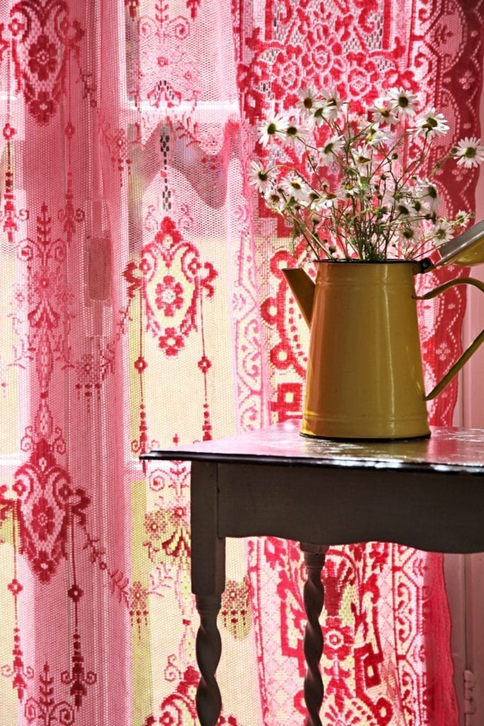 Dyed Vintage Curtains by Annie Sloan Painter in Residence Janice Issit with Chalk Paint® in Emperor's Silk and Henrietta from her Yoga Summerhouse