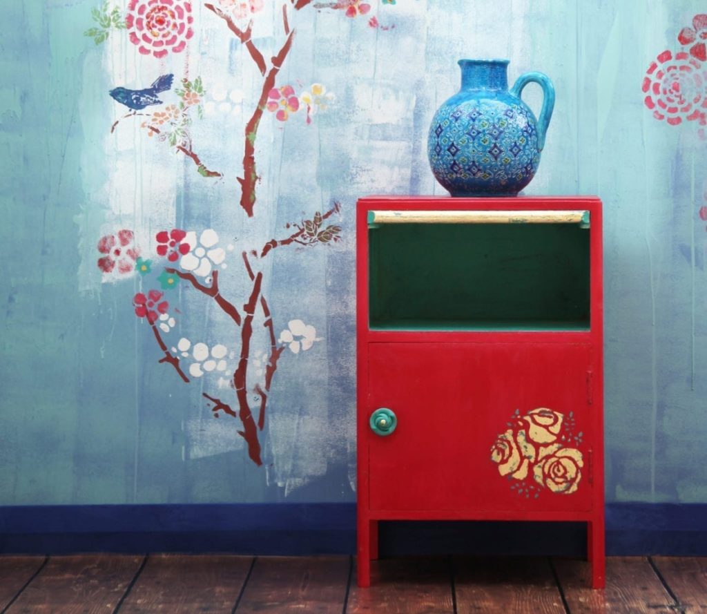 East Asian Inspired Wall Art by Annie Sloan Painter in Residence Janice Issitt painted with Chalk Paint® to create cherry blossom. Emperor's Silk cabinet