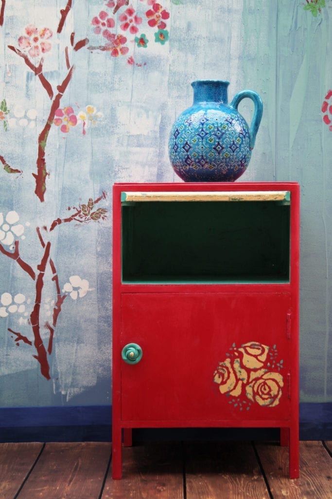 East Asian Inspired Wall Art by Annie Sloan Painter in Residence Janice Issitt painted with Chalk Paint® to create cherry blossom. Emperor's Silk cabinet