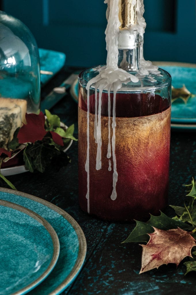 Gilded Christmas candle glass jar holders with Chalk Paint® in Burgundy, Warm and Bright Gilding Wax in an Aubusson Blue dining room