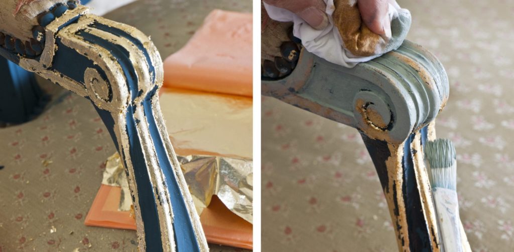 Gilded Rococo Toile Chair painted with Chalk Paint® by Annie Sloan and gilded with Brass Leaf from Colour Recipes published by Cico photos by Christopher Drake