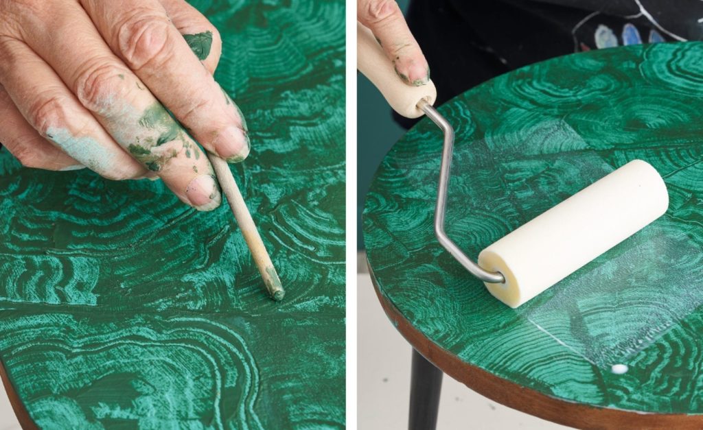 How to paint a Malachite Effect Table Top painted by Annie Sloan with Chalk Paint® in Florence and Amsterdam Green from The Colourist Issue 3 step 5 and 6