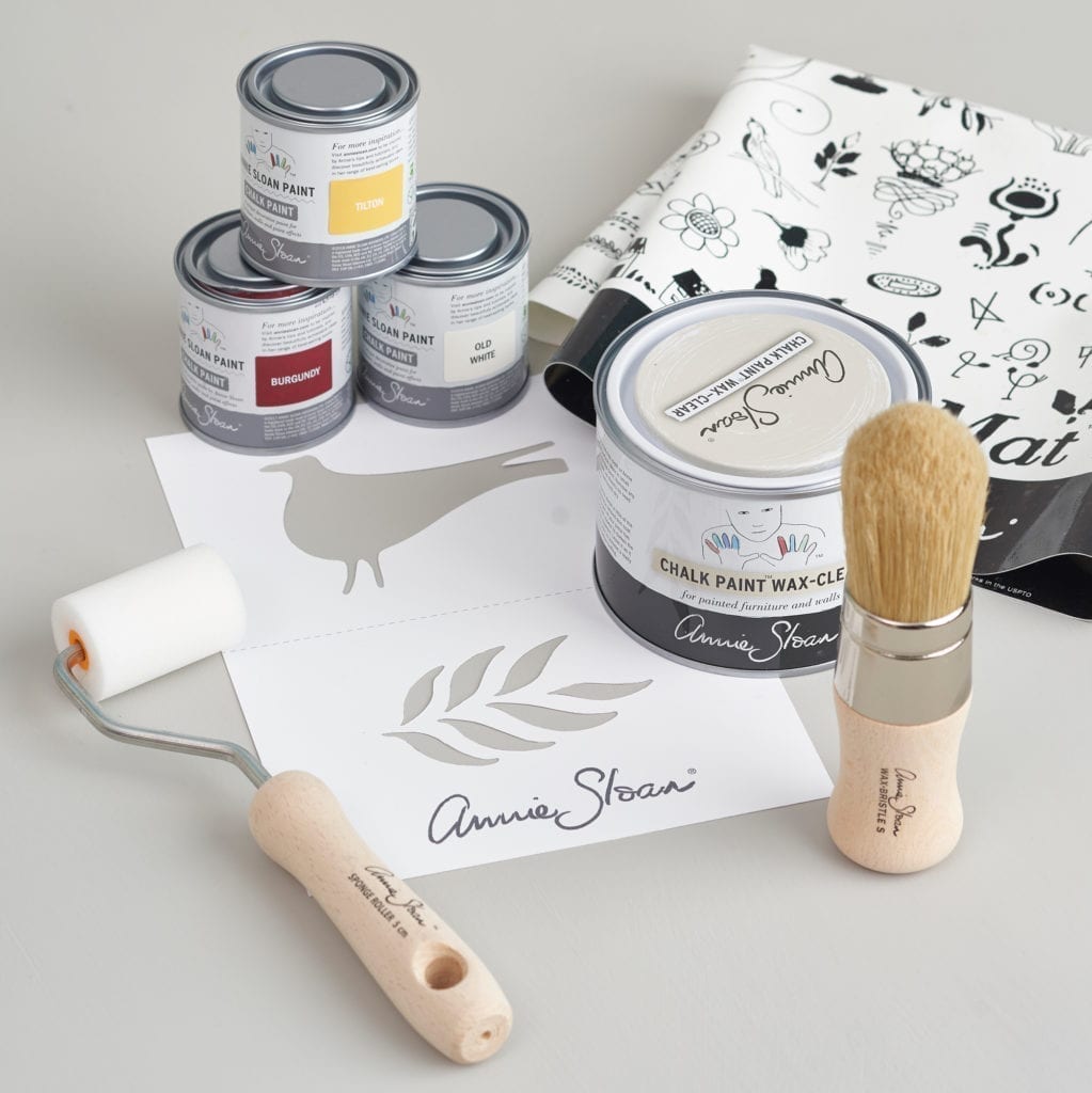 Products you will need to create the Overlapping Stencilled Chest from The Colourist Issue 2 painted with Chalk Paint® by Annie Sloan in Chicago Grey, Burgundy, Tilton and Old White