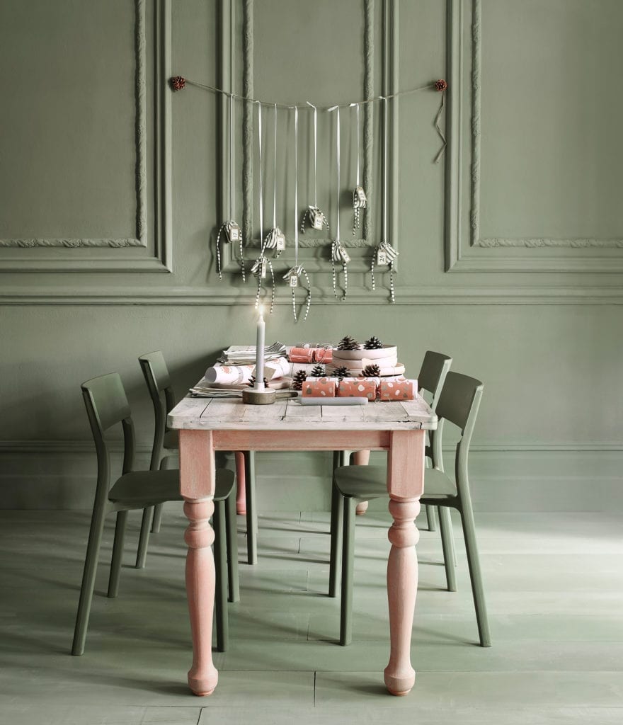 Scandinavian style Christmas dining room painted with Chalk Paint® by Annie Sloan in Chateau Grey, Olive, Scandinavian Pink and washed wood touches