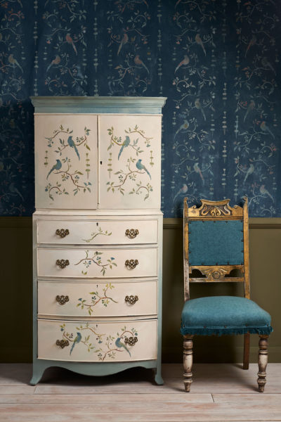 Chest painted by Annie Sloan in Chalk Paint using her Chinoiserie Birds stencil