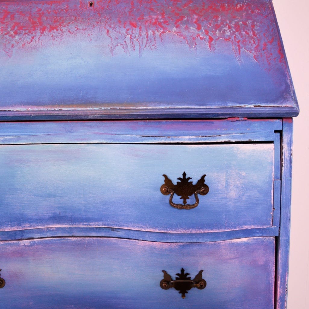 Textured and distressed pink and blue bureau by Annie Sloan Painter in Residence Girl in Blue Designs painted with Chalk Paint® furniture paint