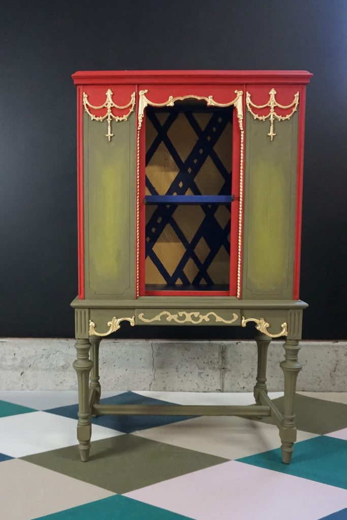 Painter in Residence Olivia Lacy paints Radio Cabinet using Olive and Emperor's Silk Chalk Paint® and Gold Transfer Leaf