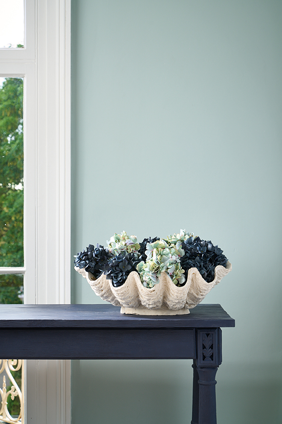 Annie Sloan Wall Paint in Upstate Blue featuring Side Table and Hydrangeas in Foreground