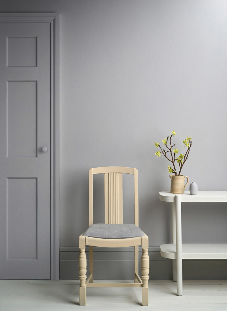 Chicago Grey Satin Paint Lifestyle Image featuring Door, Skirting, Chair and Side Table