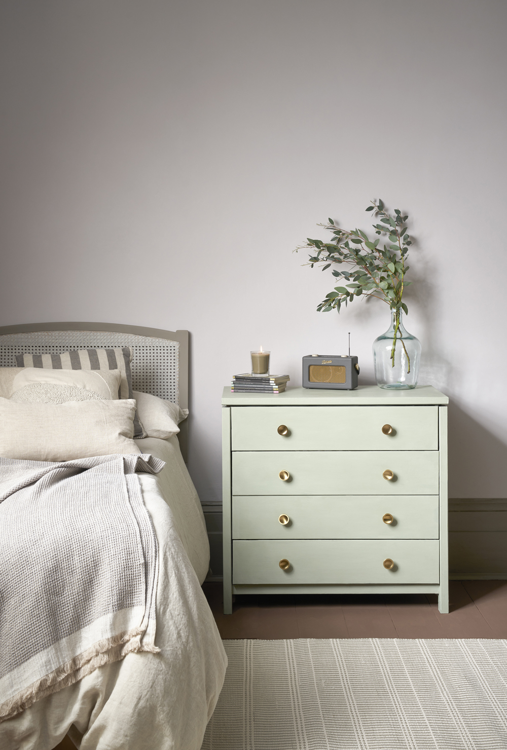 Lifestyle Image of Coolabah Green Chalk Painted Chest of Drawers in Minimal, Contemporary Bedroom