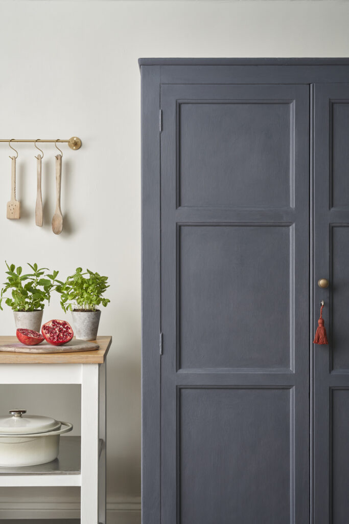 Close Up Minimal, Modern Kitchen Lifestyle Image Featuring Armoire Painted in Whistler Grey Chalk Paint by Annie Sloan