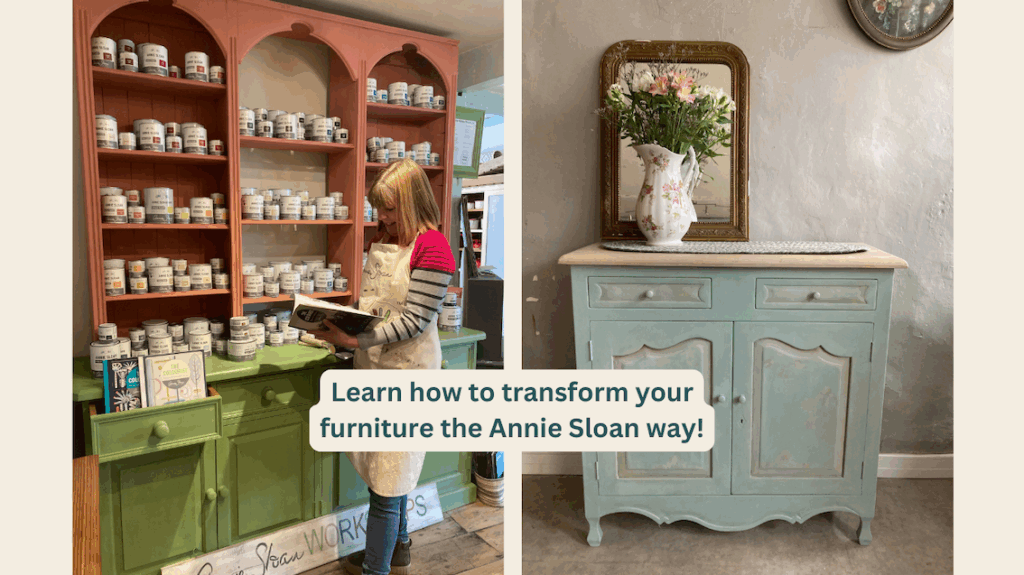An image of Jill, owner of Source for the Goose, Devon in front of a Chalk Paint display, alongside a French style piece of furniture painted in Annie Sloan Duck Egg Blue