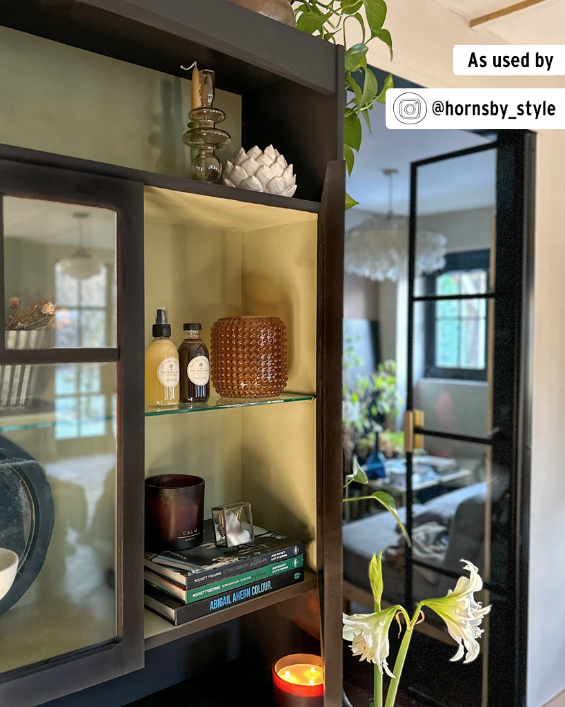 Inside of Glass-Fronted Cabinet Painted in Chateau Grey Chalk Paint