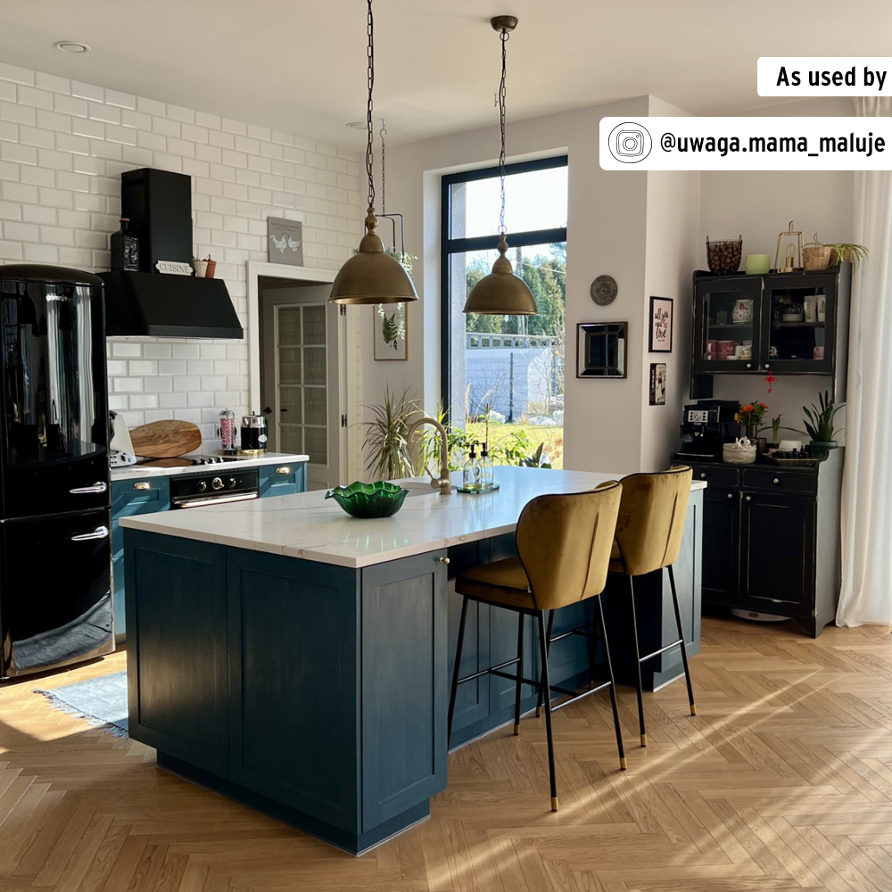 Annie Sloan Chalk Painted Kitchen Cabinets in Aubusson Blue in Contemporary Kitchen featuring Island