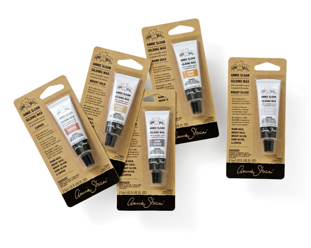 Annie Sloan Gilding Wax 15ml tubes in packaging in Warm and Bright Gold, Dark and Bright Silver and Copper