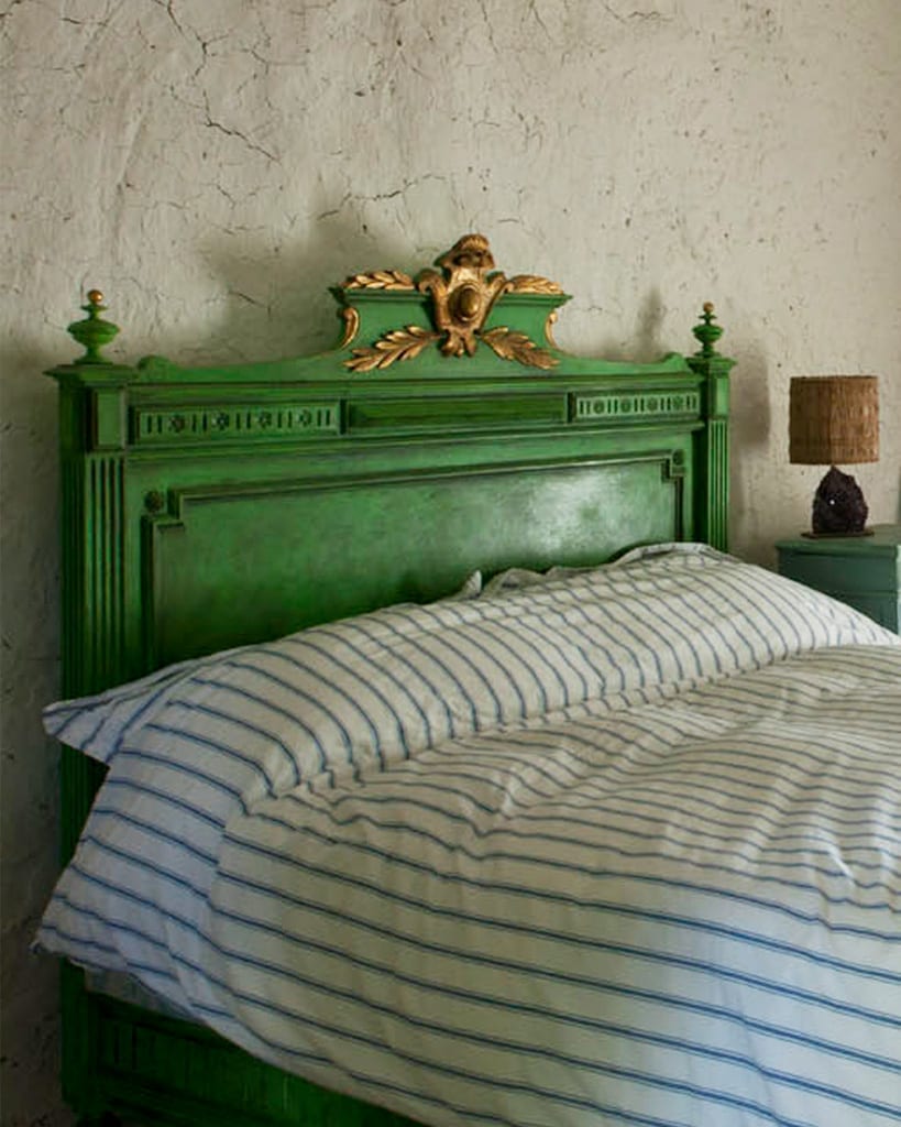 Bed headboard painted in Antibes Chalk Paint® at Annie Sloan's farmhouse in France