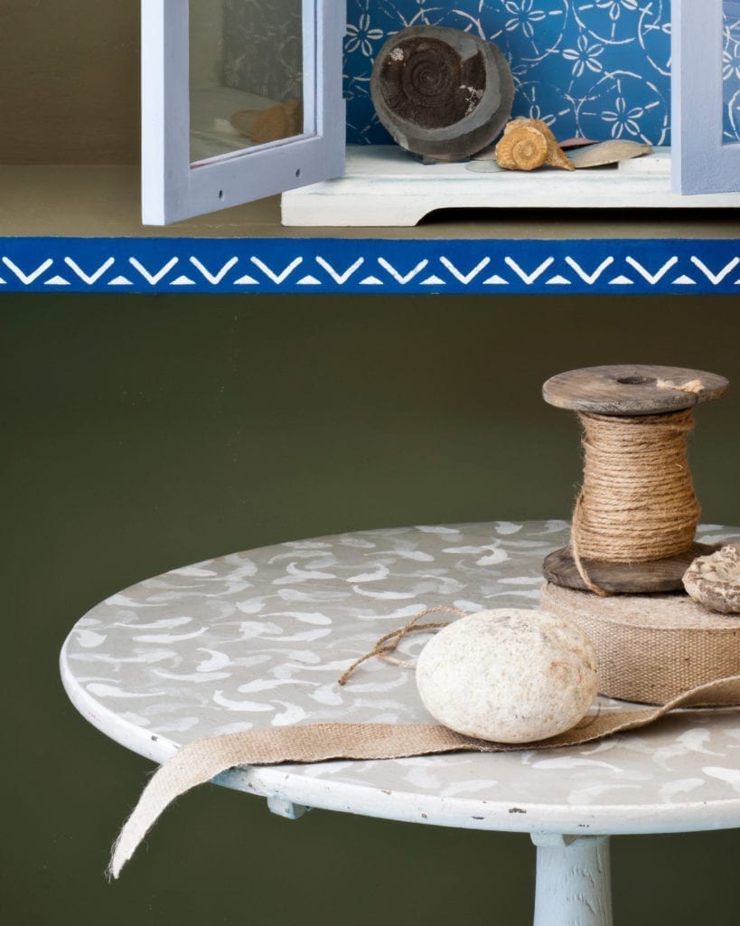 Coastal inspired room with table painted with Chalk Paint and Stencilled with Fish Stencil by Annie Sloan