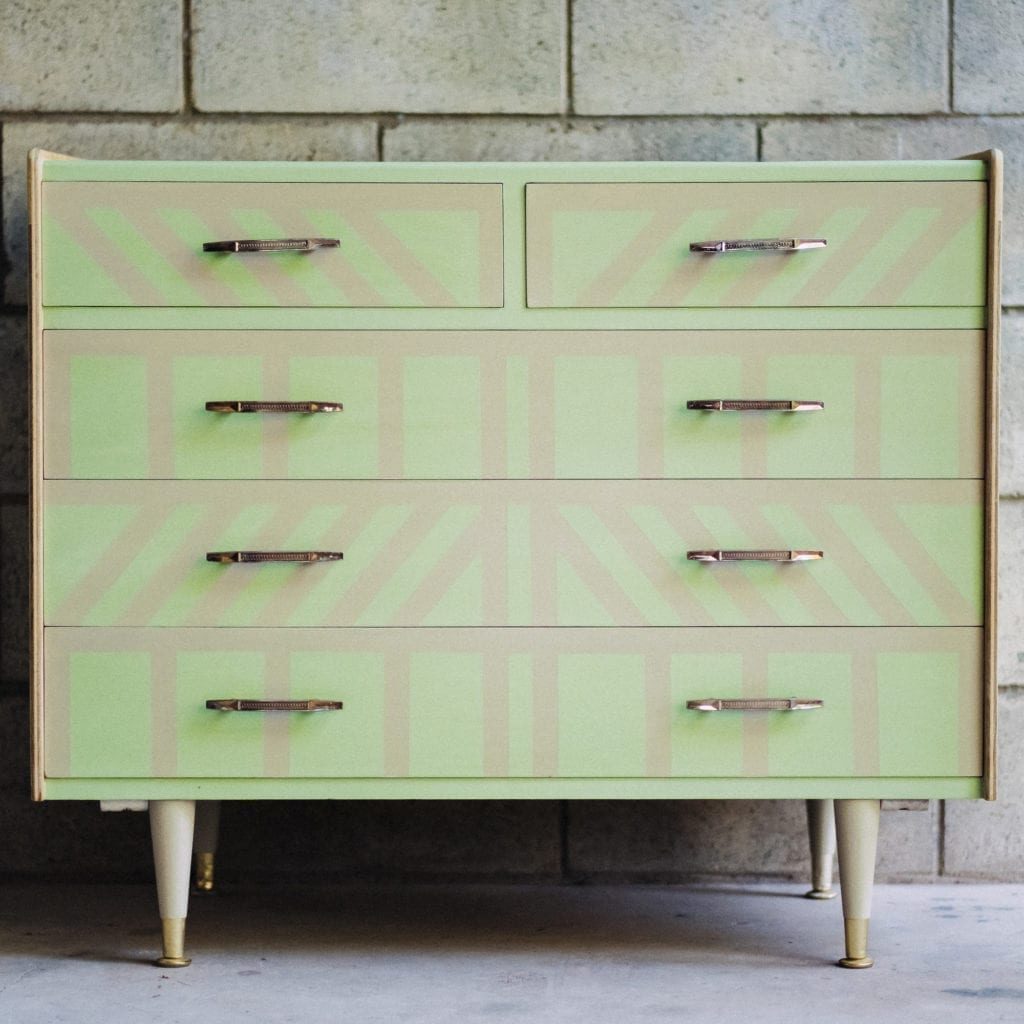 Polly Coulson's mid-century modern chest of drawers painted with Chalk Paint® by Annie Sloan in Lem Lem and Henrietta in a geometric style