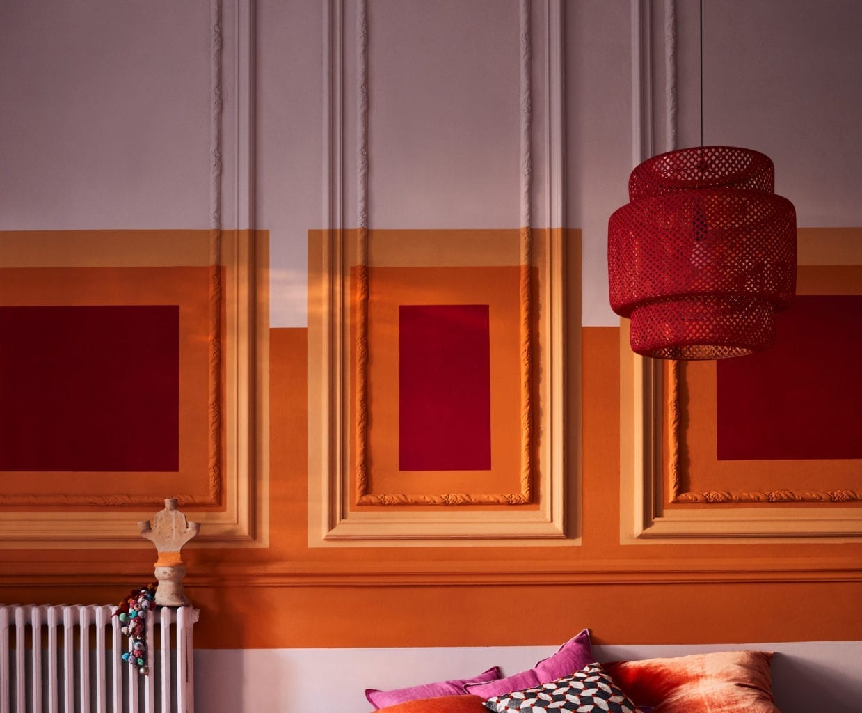 Bauhaus style living room painted with pink, red and orange Chalk Paint® colours by Annie Sloan