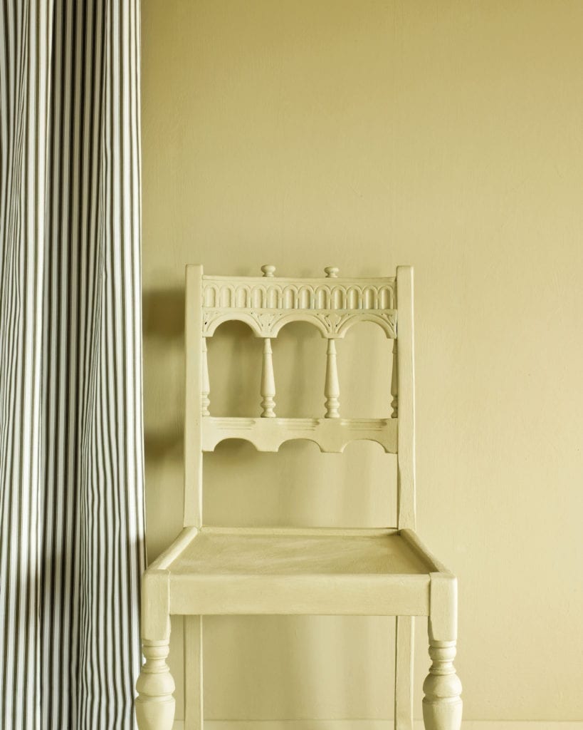 Versailles Wall Paint by Annie Sloan, chair painted with Chalk Paint® in Versailles, Ticking in Olive curtain