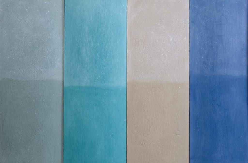 Wooden boards painted with Chalk Paint® by Annie Sloan in Duck Egg Blue, Provence, French Linen and Napoleonic Blue with White Wax